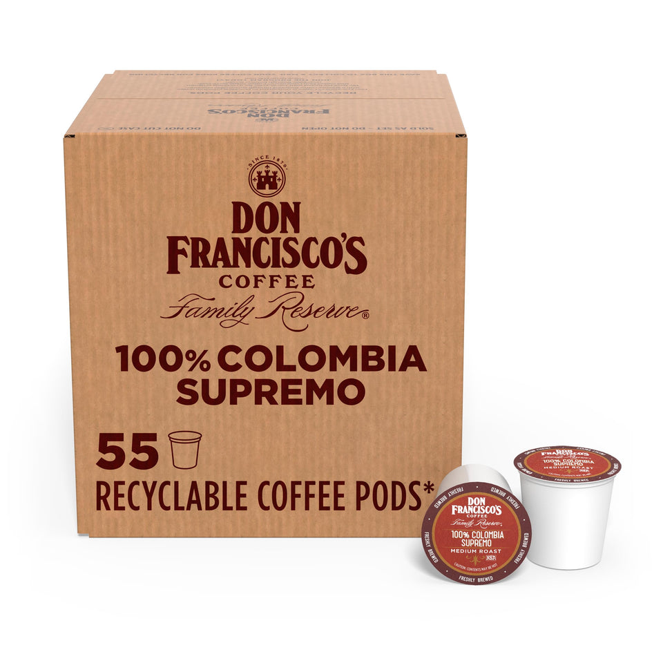 Don Francisco's Colombia Supremo pod packaging highlights premium quality for everyday coffee.