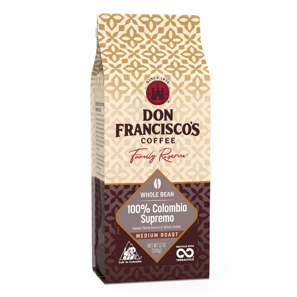 Don Francisco's Colombia Supremo whole bean bag showcases freshness with nitrogen flushing.