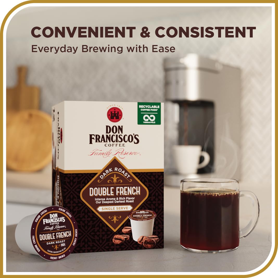 Don Francisco's dark arabica beans emphasizing a rich, intense flavor for daily coffee moments.