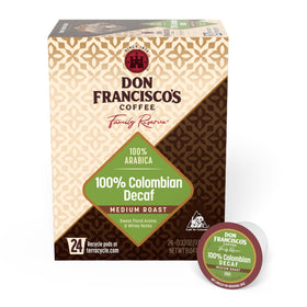 Don Francisco's Decaf Colombia coffee pods in a 24-count box for Keurig brews