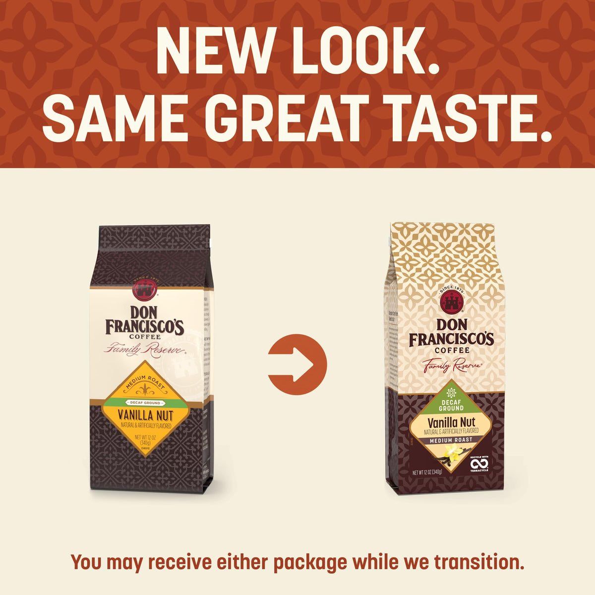 Don Francisco's Decaf Vanilla Nut 3-pack bags closeup shows nitrogen-flushed freshness.