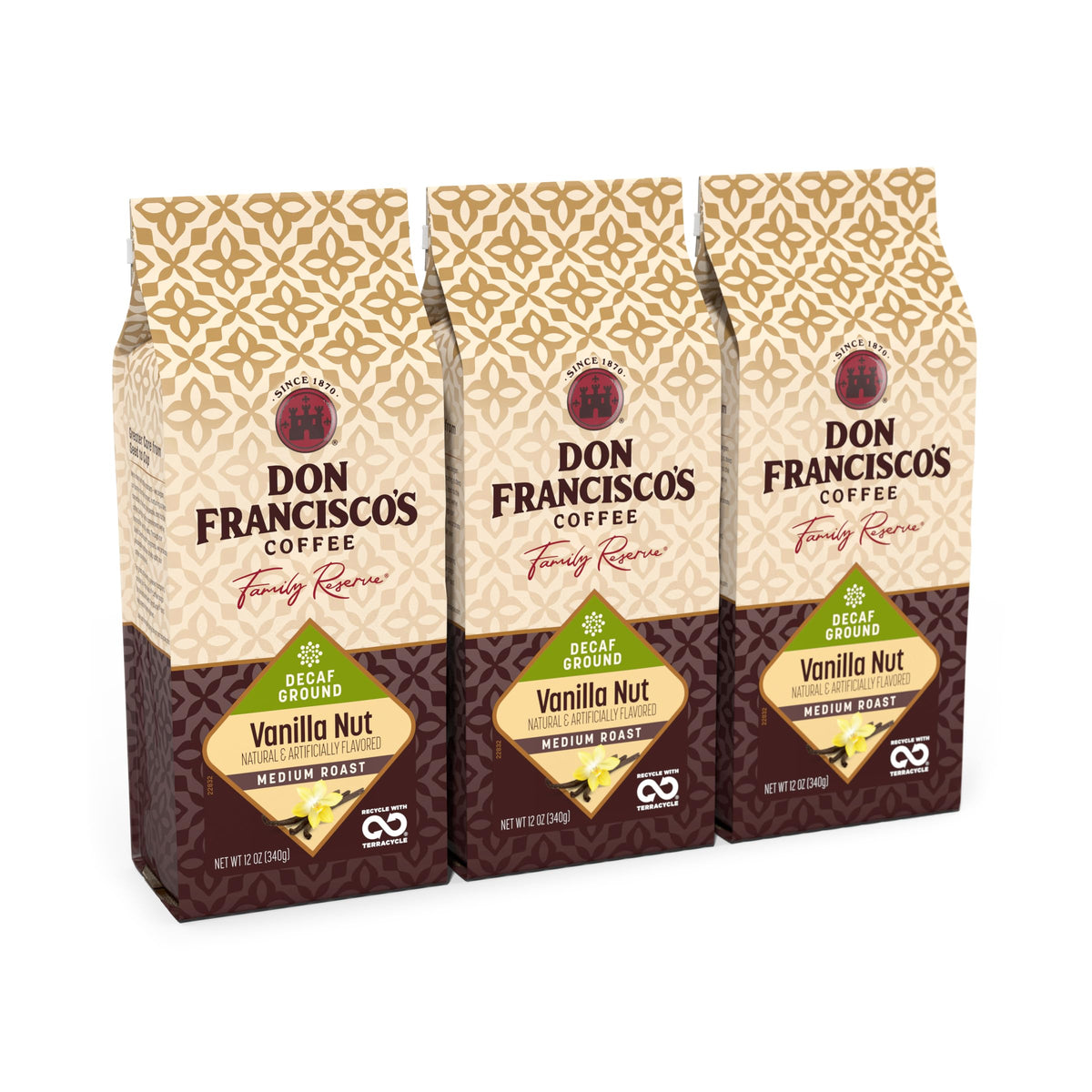 Don Francisco's Decaf Vanilla Nut ground coffee 3-pack packaging highlights freshness and convenience.