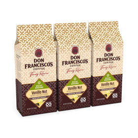 Don Francisco's Decaf Vanilla Nut ground coffee 3-pack packaging highlights freshness and convenience.