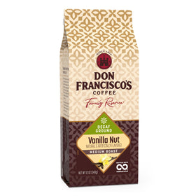 Don Francisco's Decaf Vanilla Nut Ground Coffee bag with nitrogen-flushed valve.