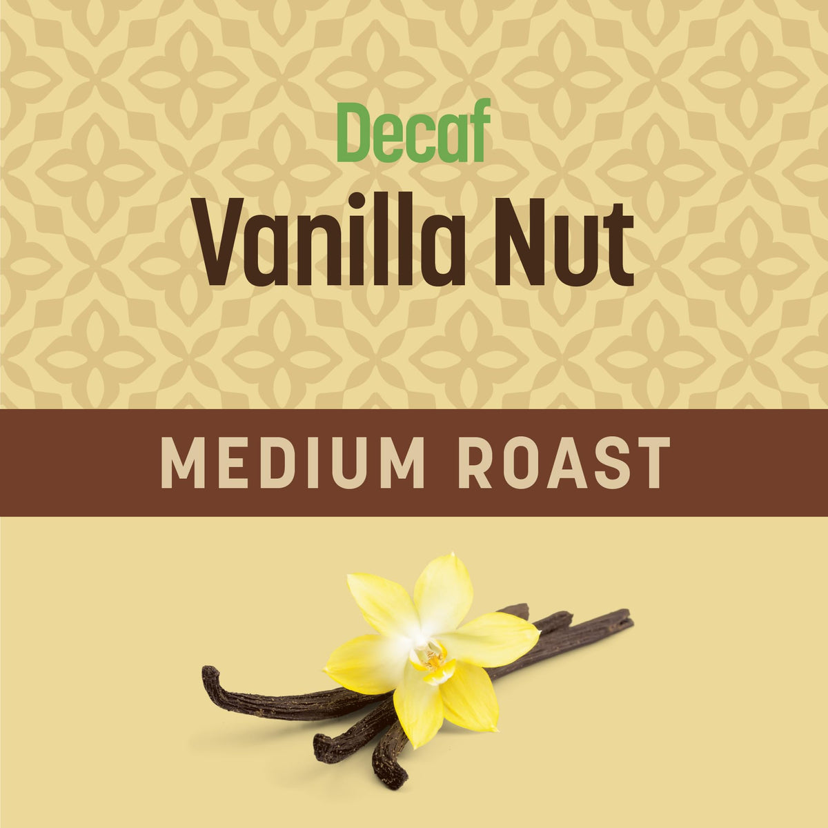 Don Francisco's Decaf Vanilla Nut ground coffee grains closeup reveals smooth vanilla aroma.