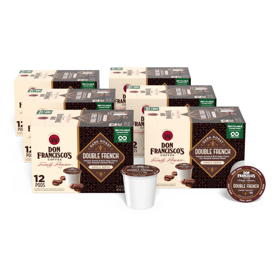 Don Francisco's double French roast pods on a kitchen counter, offering bold aroma and full-bodied flavor.