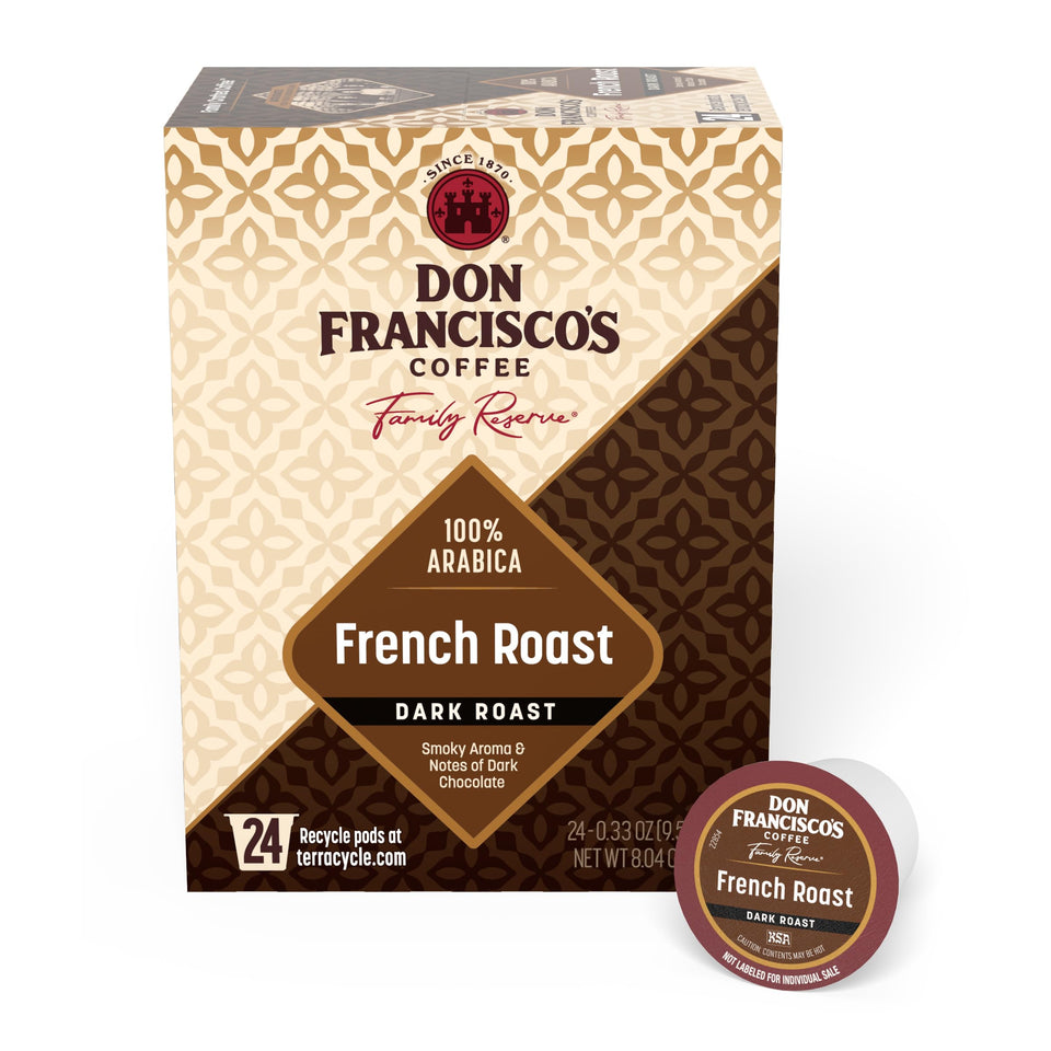 Don Francisco's French Roast Pods 24-count packaging for quick brewing