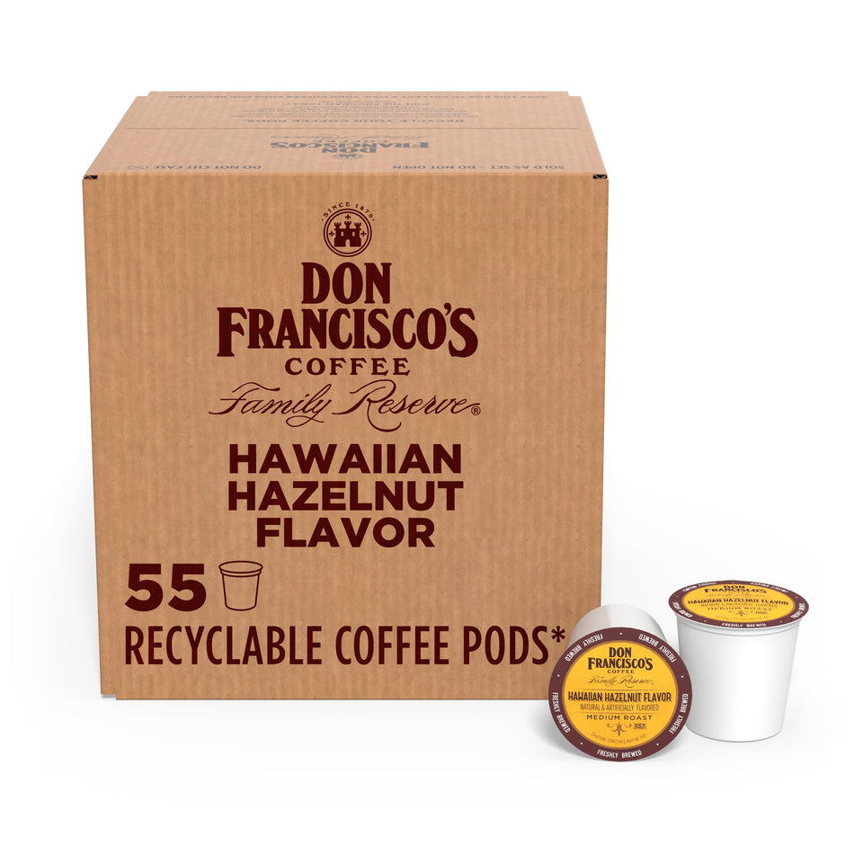 Don Francisco's Hawaiian Hazelnut pods in a box ready for Keurig brewing