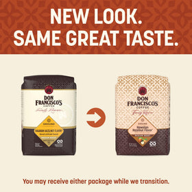 Aroma steam rises from a cup of Don Francisco's Hawaiian Hazelnut coffee.