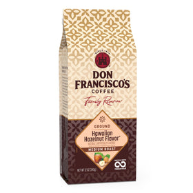 Don Francisco's Hawaiian Hazelnut Ground Coffee bag showing nutty aroma and coconut notes, ready for savoring.