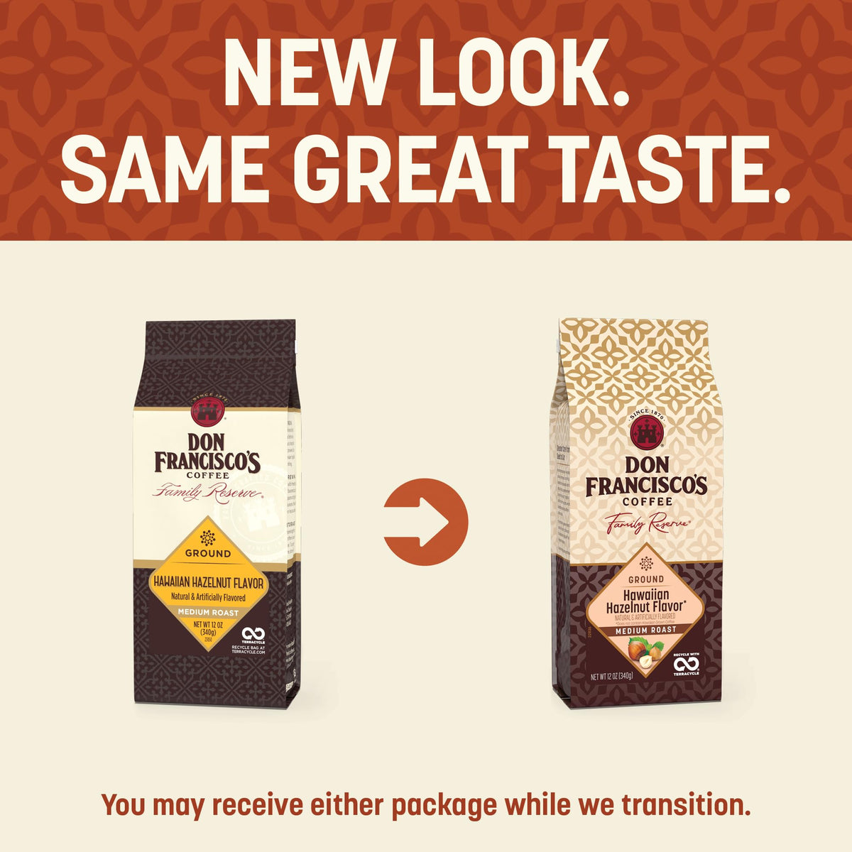 Don Francisco's Hawaiian Hazelnut Ground Coffee nitrogen valve on bag for freshness.