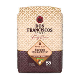 Don Francisco's Hawaiian Hazelnut whole bean bag preserves freshness with nitrogen flushing.