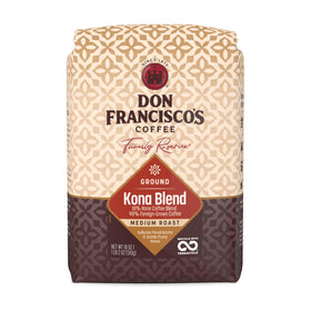 Don Francisco's Kona Blend Ground Coffee 18 oz bag preserves freshness for drip, pour-over, or French press.