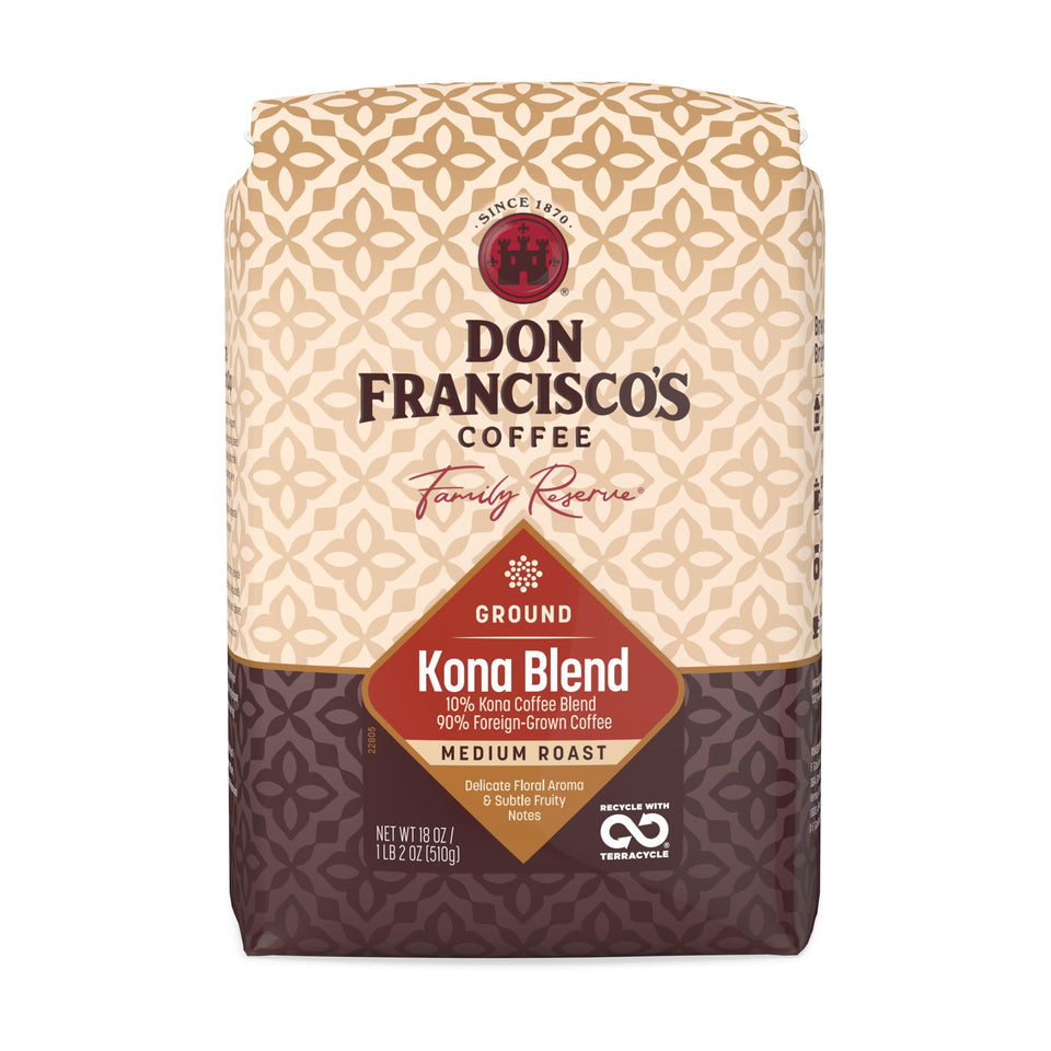 Don Francisco's Kona Blend Ground Coffee 18 oz bag preserves freshness for drip, pour-over, or French press.