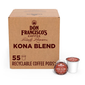 Don Francisco's Kona Blend pods pack with 55-count box for home use.