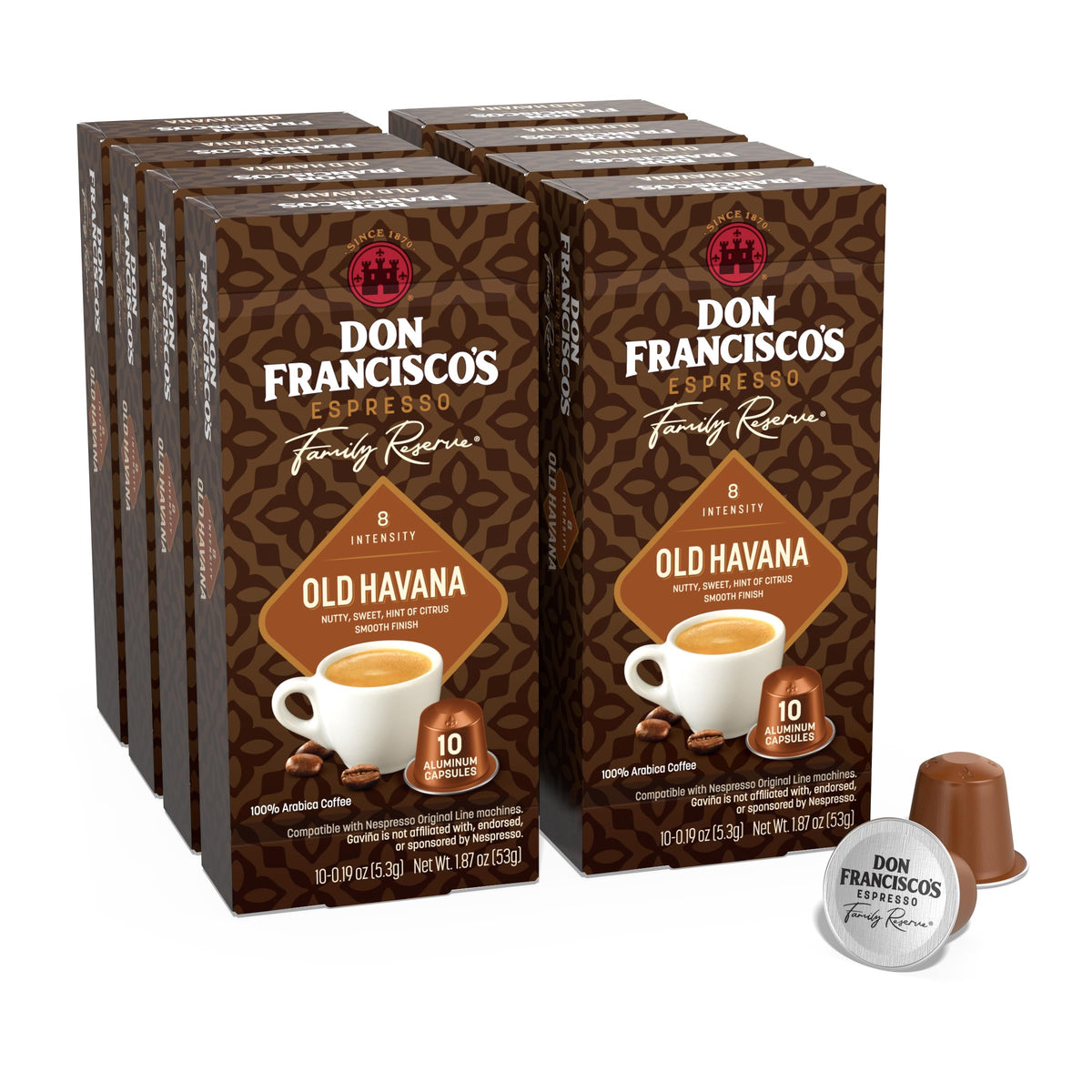 Don Francisco's Old Havana espresso pods pack highlights premium aluminum capsules for fresh flavor.