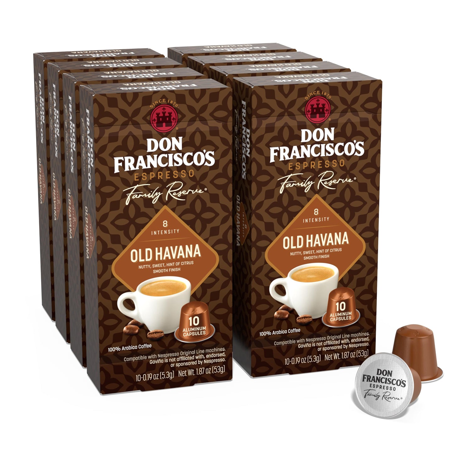 Don Francisco's Old Havana espresso pods pack highlights premium aluminum capsules for fresh flavor.