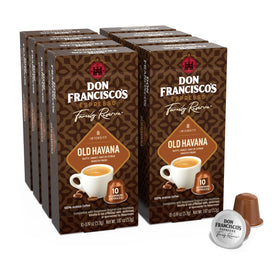 Don Francisco's Old Havana espresso pods pack highlights premium aluminum capsules for fresh flavor.