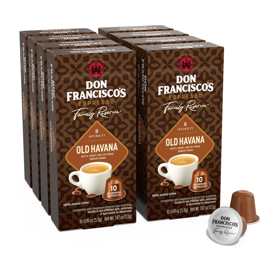 Don Francisco's Old Havana espresso pods pack highlights premium aluminum capsules for fresh flavor.