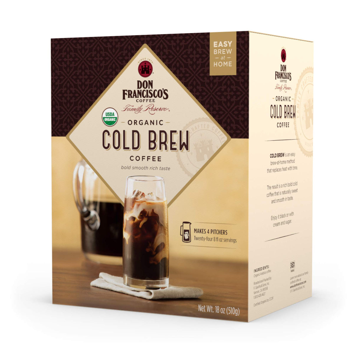 Don Francisco's Organic Cold Brew Pitcher Packs ready to brew four pitchers.