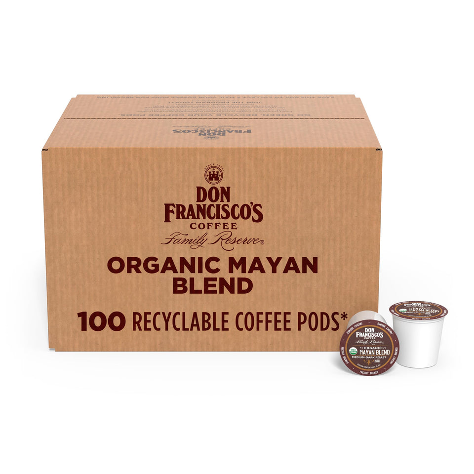 Don Francisco's Organic Mayan Coffee Pods box—convenient single-serve for quick mornings.