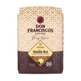 Don Francisco's Vanilla Nut coffee bag front with a 20 oz package designed for freshness.