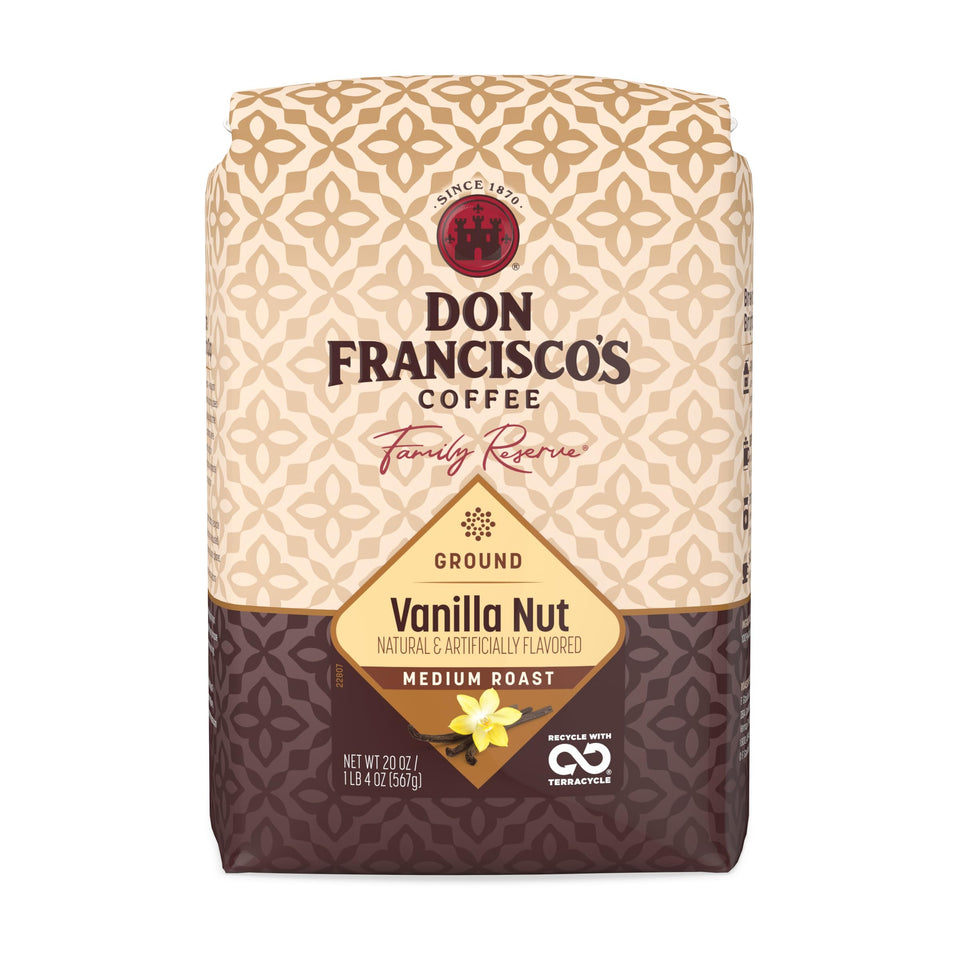 Don Francisco's Vanilla Nut coffee bag front with a 20 oz package designed for freshness.