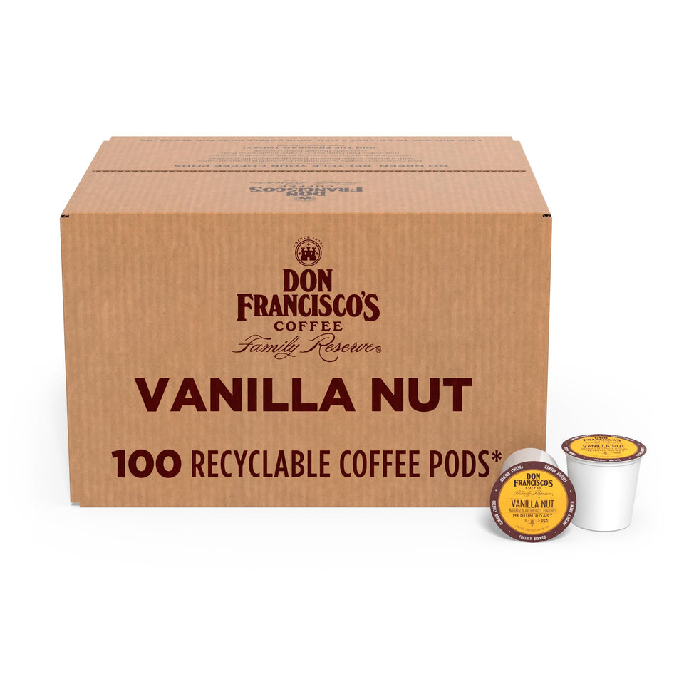 Don Francisco's Vanilla Nut pods in a 100‑count pack ready for home brewing.