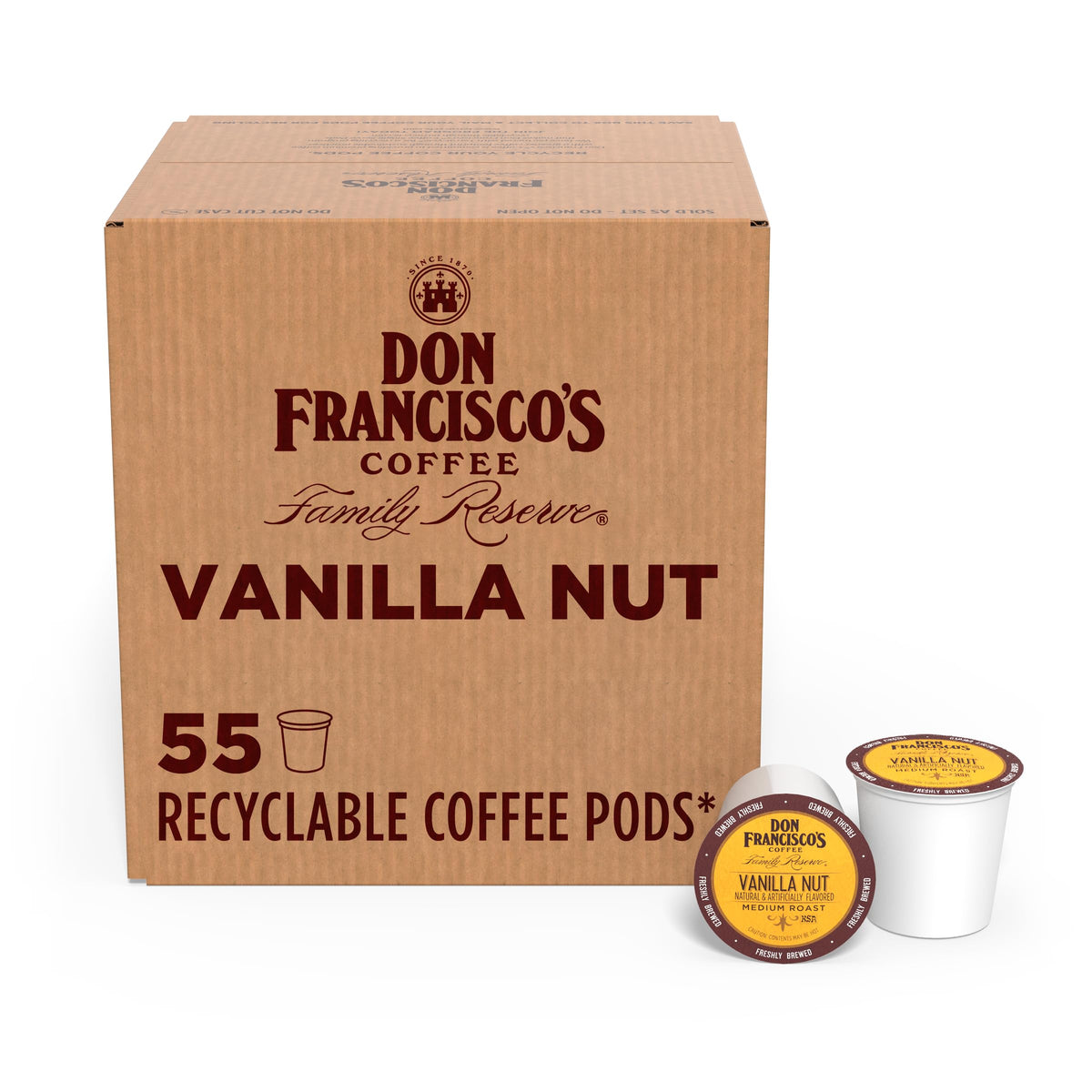 Don Francisco's Vanilla Nut pods 55-count, convenient medium roast for busy mornings.