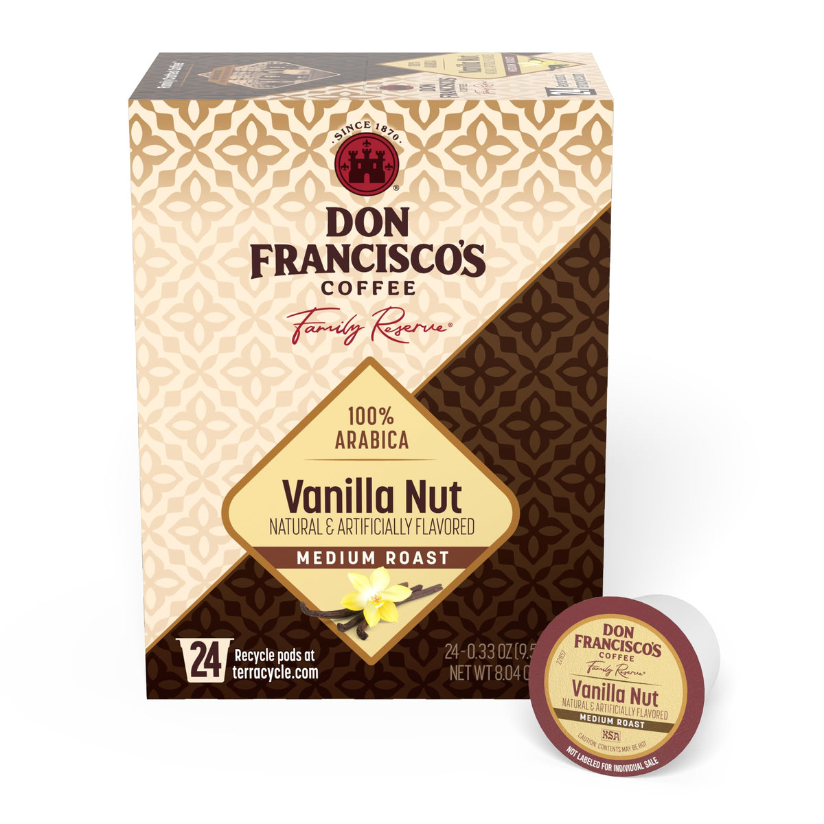 Don Francisco's Vanilla Nut coffee pods ready for quick mornings and flavorful cups.