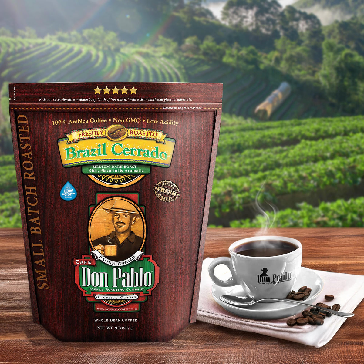Don Pablo Brazil Cerrado whole-bean close-up showing glossy surface and premium Arabica quality