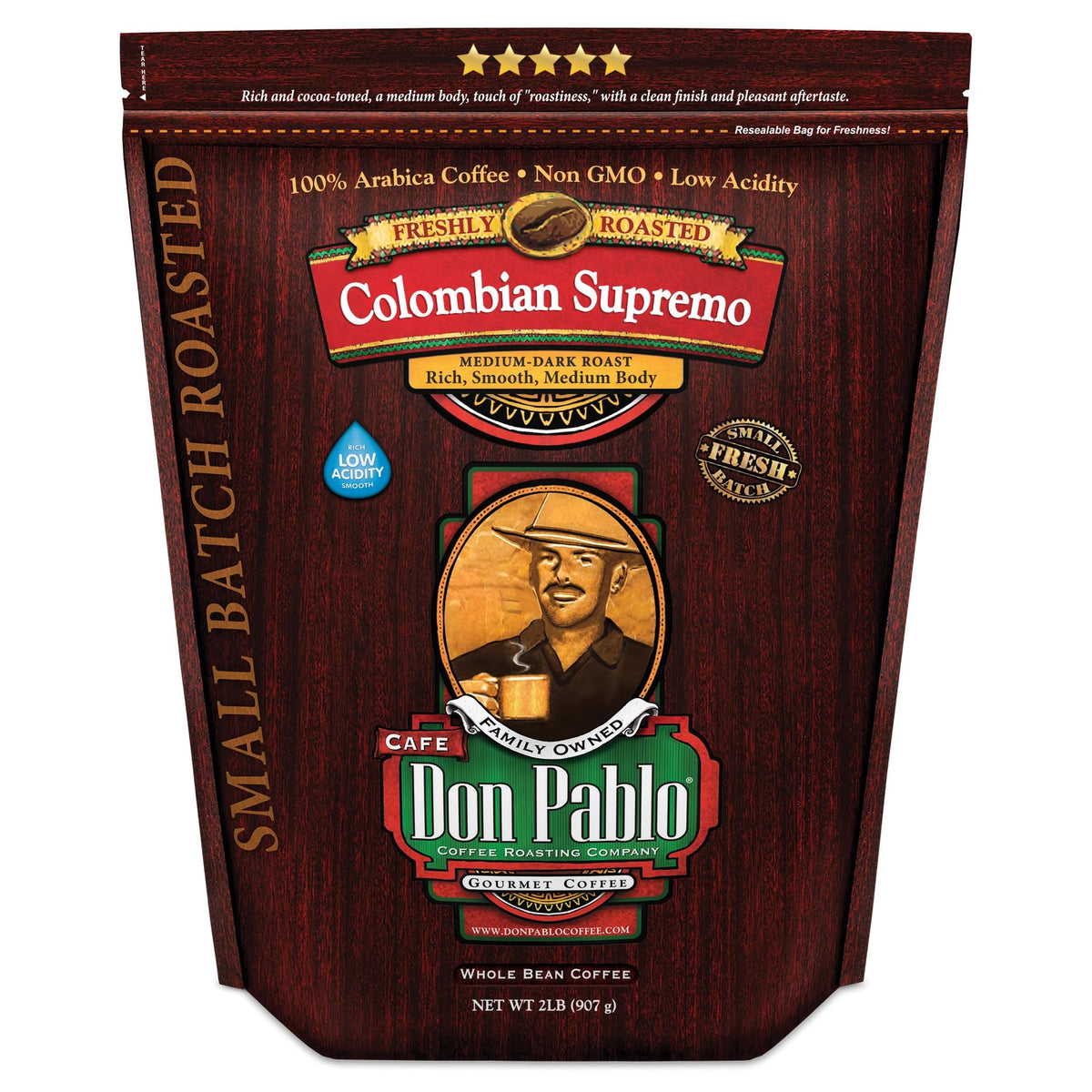 Cafe Don Pablo Colombian Supremo coffee bag ready for fresh grinding.