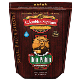 Cafe Don Pablo Colombian Supremo coffee bag ready for fresh grinding.