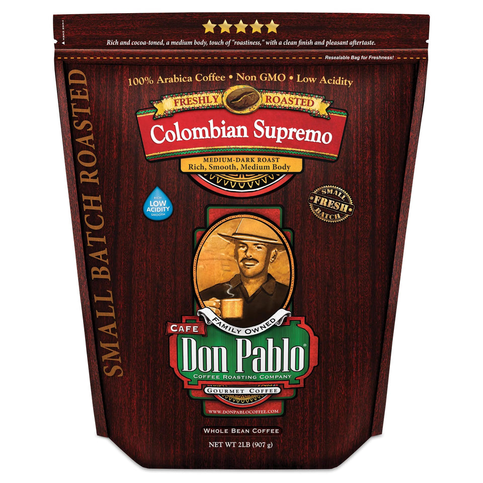 Cafe Don Pablo Colombian Supremo coffee bag ready for fresh grinding.