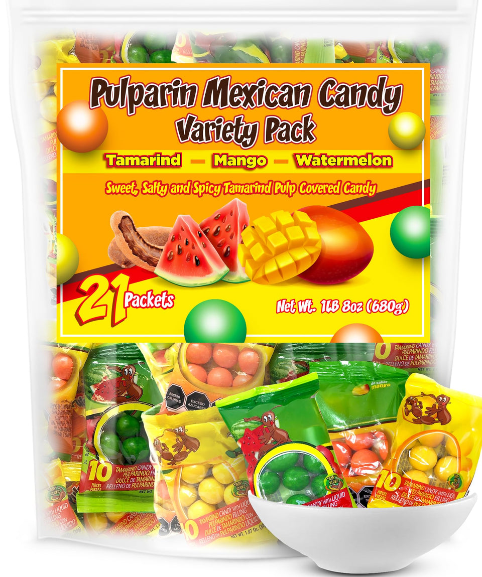 DON TURINOS Tamarindo Dots variety pack display with 21 packs for sharing.