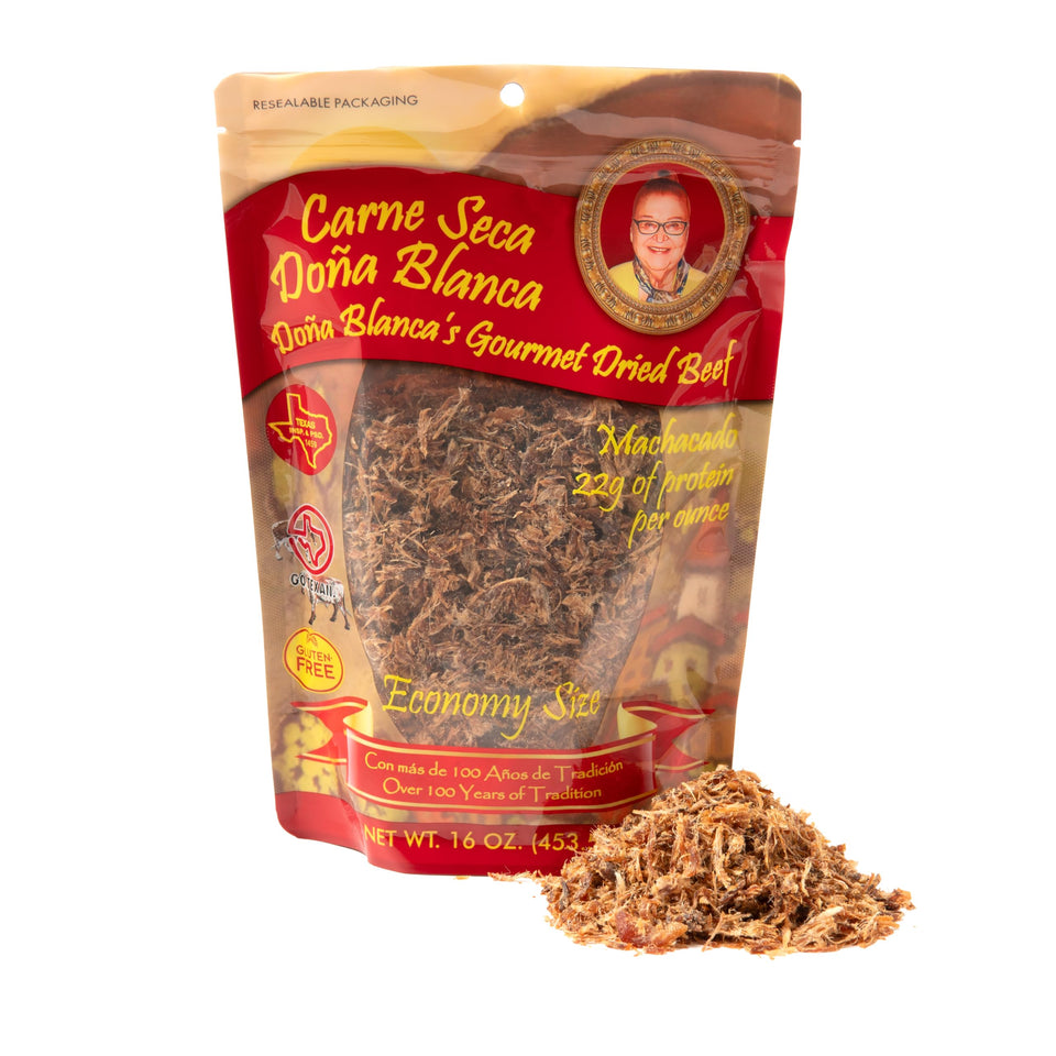Doña Blanca Carne Seca 16oz packaging highlights premium beef jerky and convenience