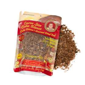 Doña Blanca Carne Seca shredded close-up shows texture for a protein-rich snack
