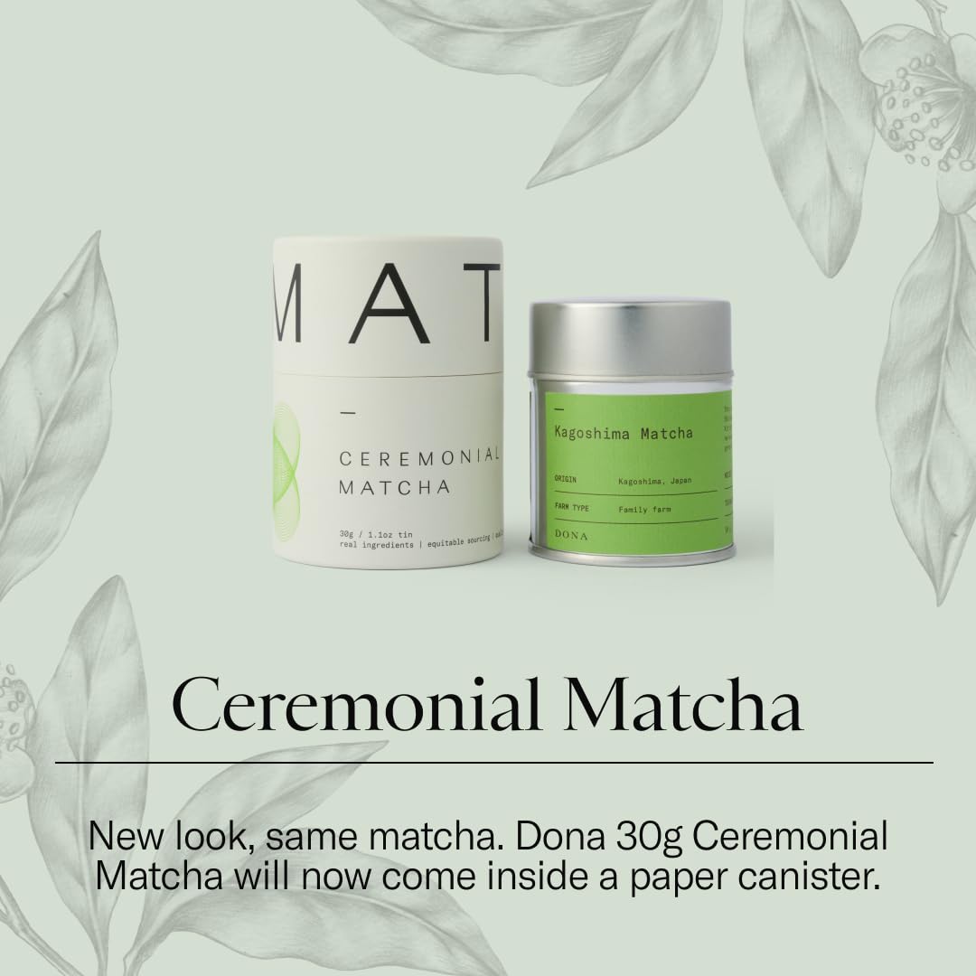 DONA ceremonial-grade matcha powder close-up shows vibrant color.