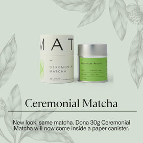 DONA ceremonial-grade matcha powder close-up shows vibrant color.