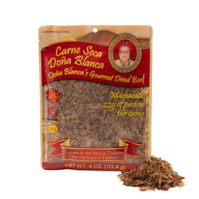 Doña Blanca Carne Seca 4 oz packaging showcases premium jerky for on-the-go protein.