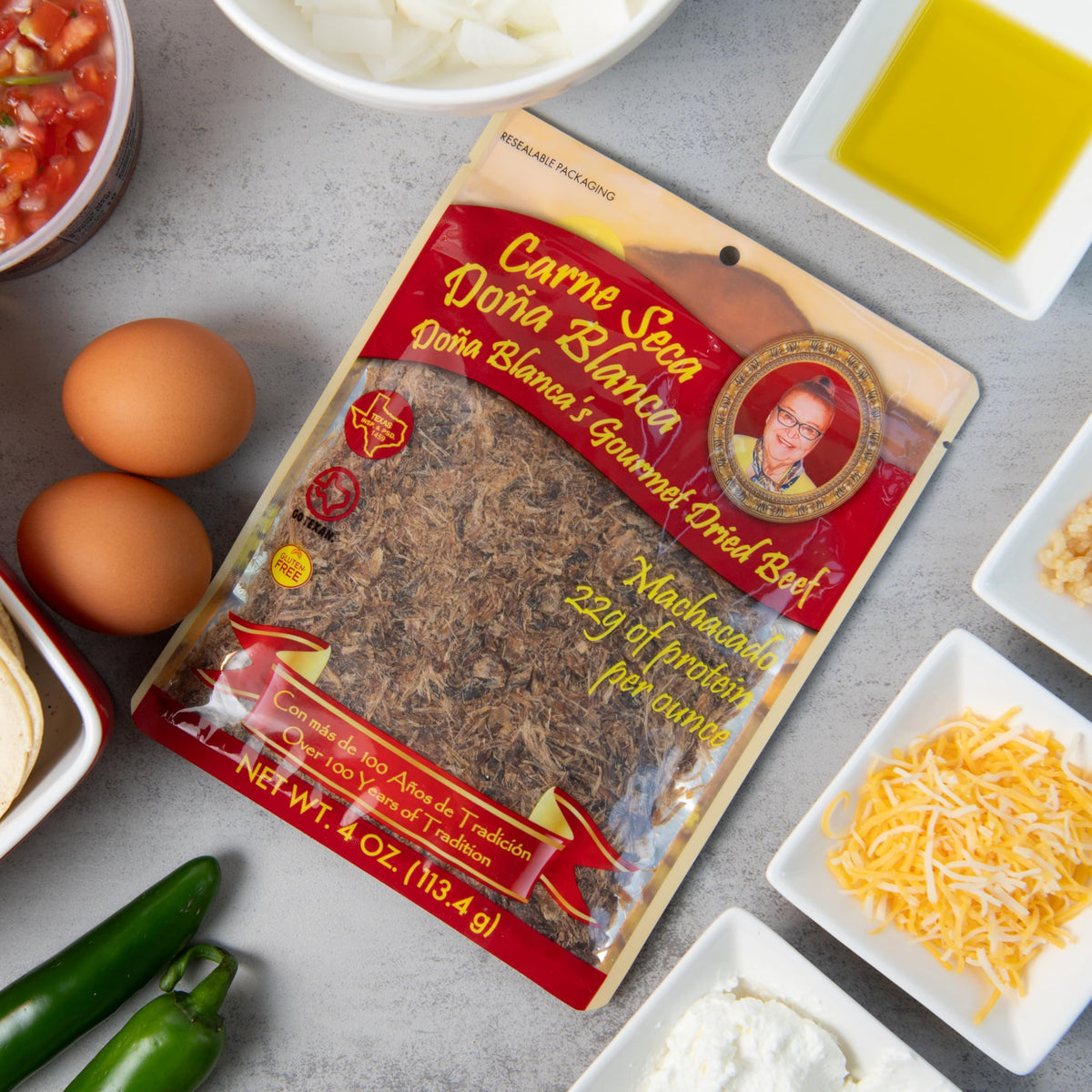 Kosher sea salt seasoning visible in Doña Blanca carne seca product photo.
