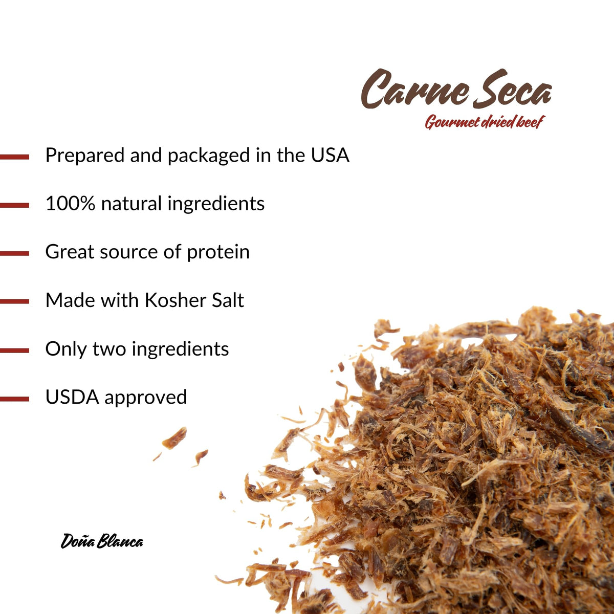 Doña Blanca shredded beef jerky close-up highlights fine cuts and texture.