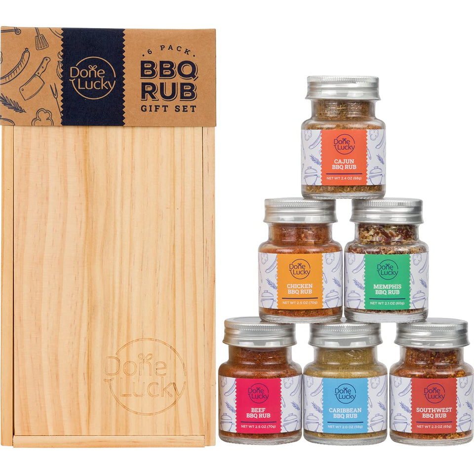 Done Lucky BBQ Rub Gift Set in premium wooden box, ideal for gifting and grilling