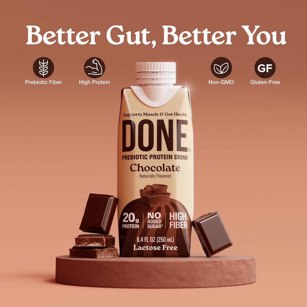 DONE prebiotic protein drink chocolate 15-pack box for bulk use.