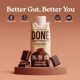 DONE prebiotic protein drink chocolate 15-pack box for bulk use.