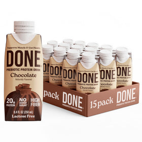 DONE prebiotic protein drink chocolate bottle ready-to-drink nutrition for busy days.
