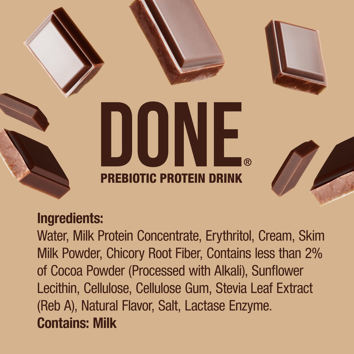 DONE prebiotic protein drink chocolate ingredient list shows stevia and erythritol.