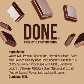 DONE prebiotic protein drink chocolate ingredient list shows stevia and erythritol.