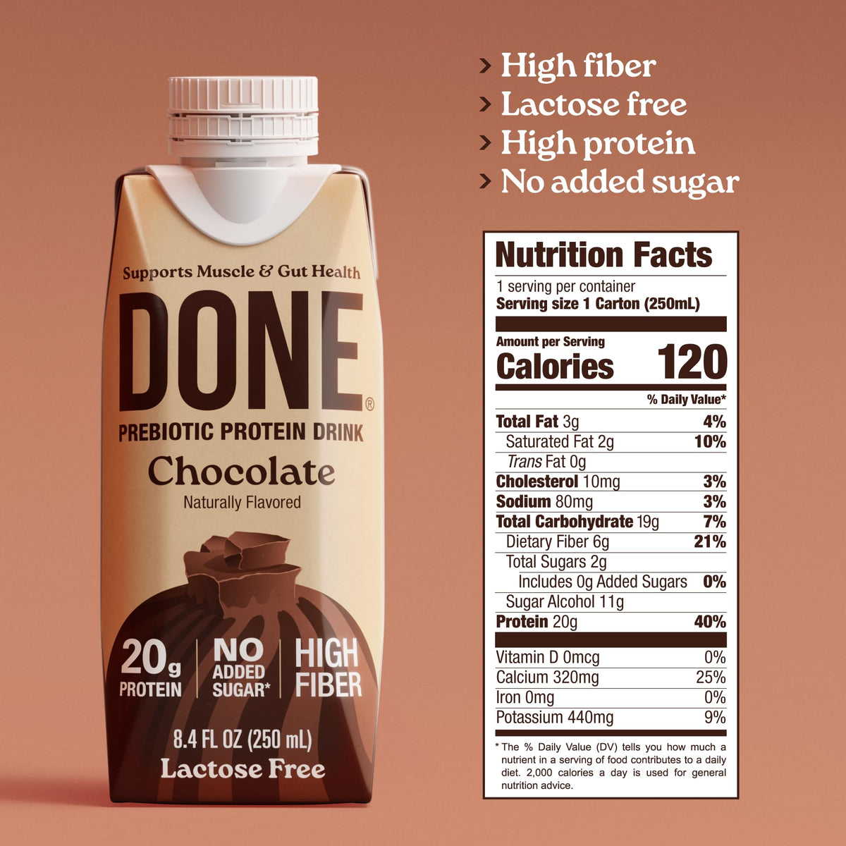 DONE prebiotic protein drink chocolate label close-up highlights gluten-free and lactose-free.