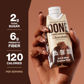 DONE prebiotic protein drink chocolate pour ideal for post-workout refuel.